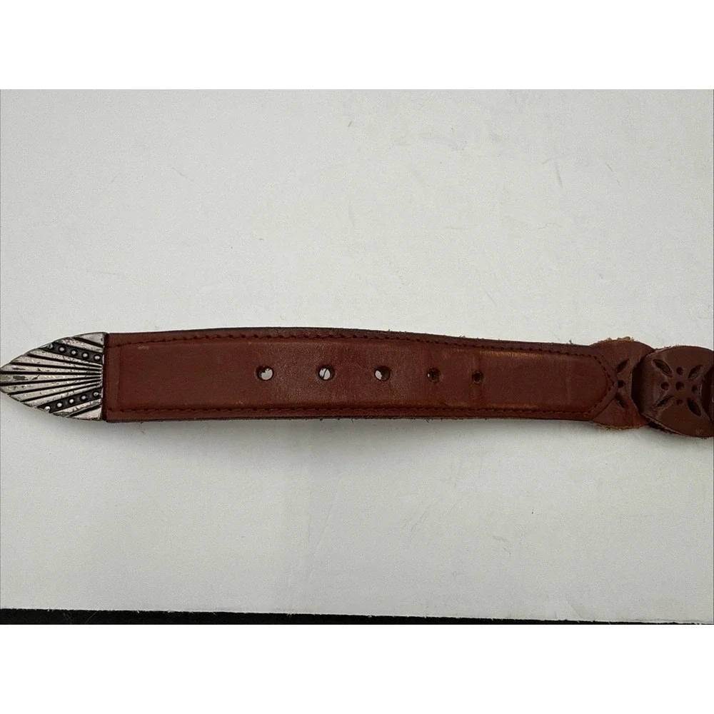 Vtg Y2K Western Ladies Brown Leather Woven Link Belt‎ Silver Buckle Sz M